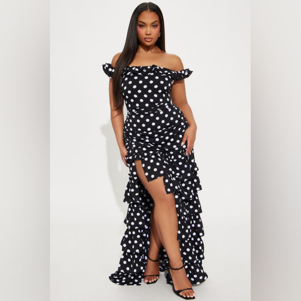 Off-Shoulder Polka Dot Maxi Dress